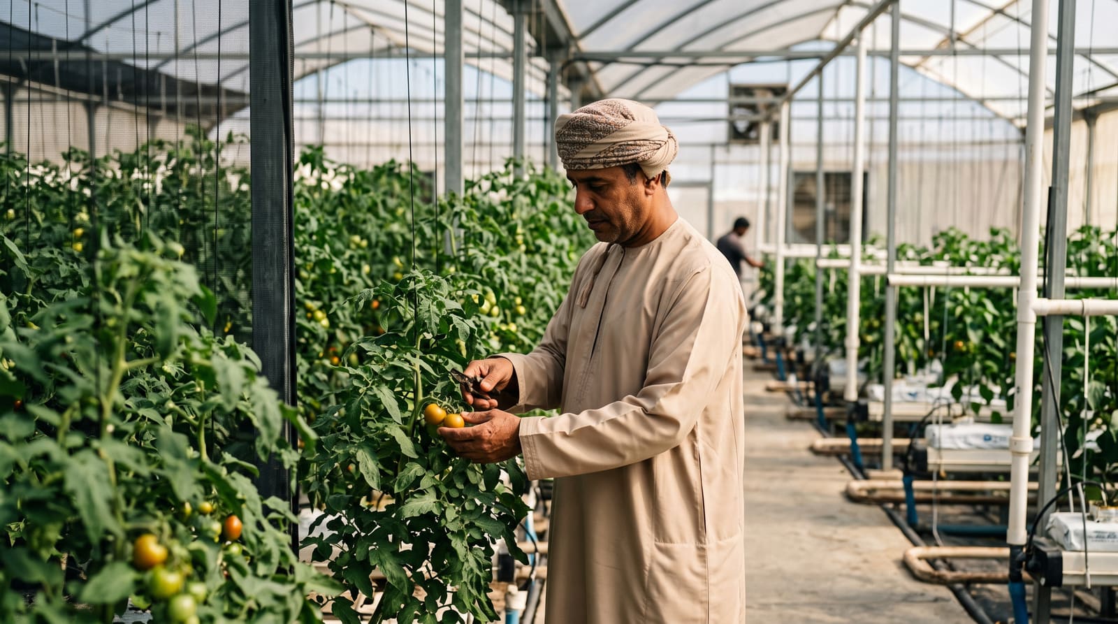 A business owner inspecting crops inside a greenhouse operation