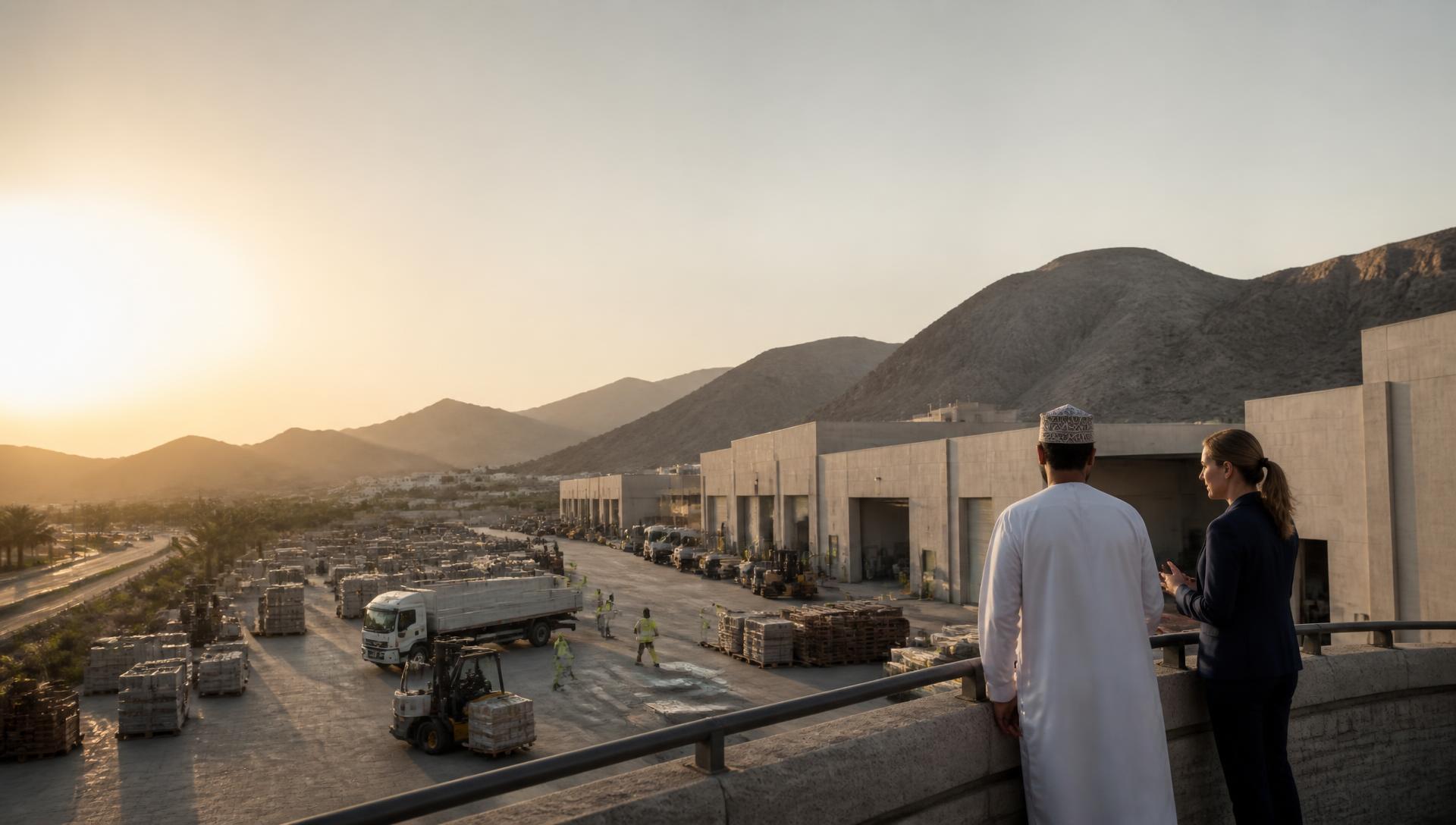 Omani business leaders overlooking an active logistics operation near Muscat
