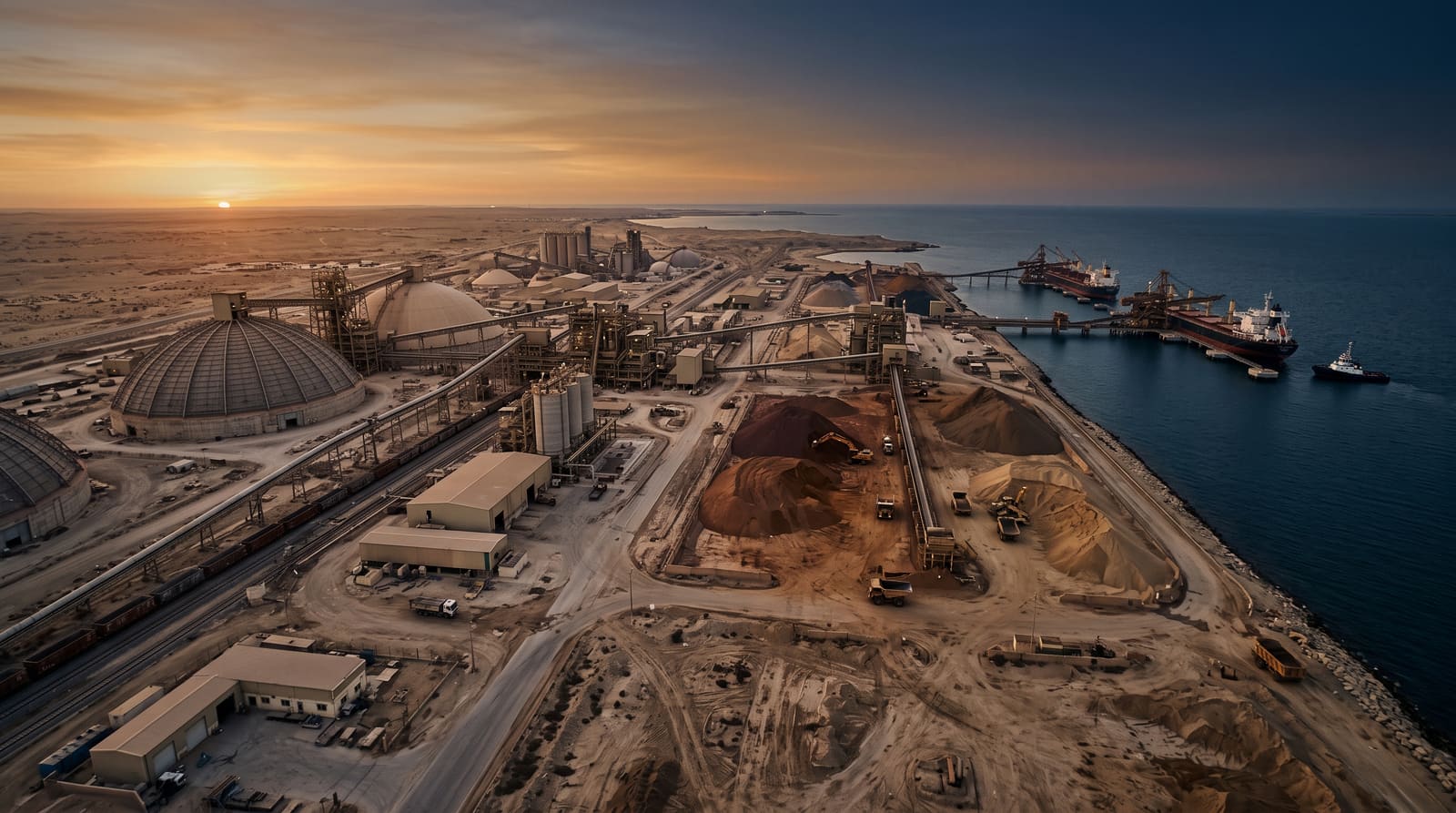 An industrial and logistics site on the Gulf coast at dusk
